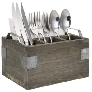 mygift solid wood napkin and flatware holder buffet picnic server caddy with vintage gray finish, tabletop utensil holder with 4 compartments, galvanized metal handles and corner wrap accents