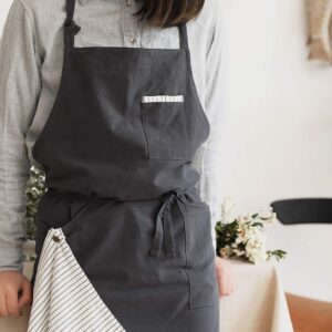 Adjustable Japan Nordic Style Soft Cotton Linen Apron with Four Pockets A Towel (Dark gray)