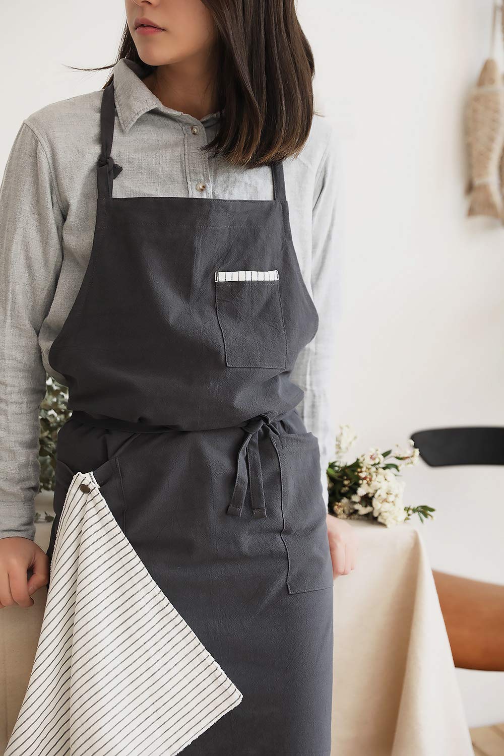 Adjustable Japan Nordic Style Soft Cotton Linen Apron with Four Pockets A Towel (Dark gray)