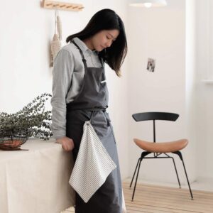 Adjustable Japan Nordic Style Soft Cotton Linen Apron with Four Pockets A Towel (Dark gray)