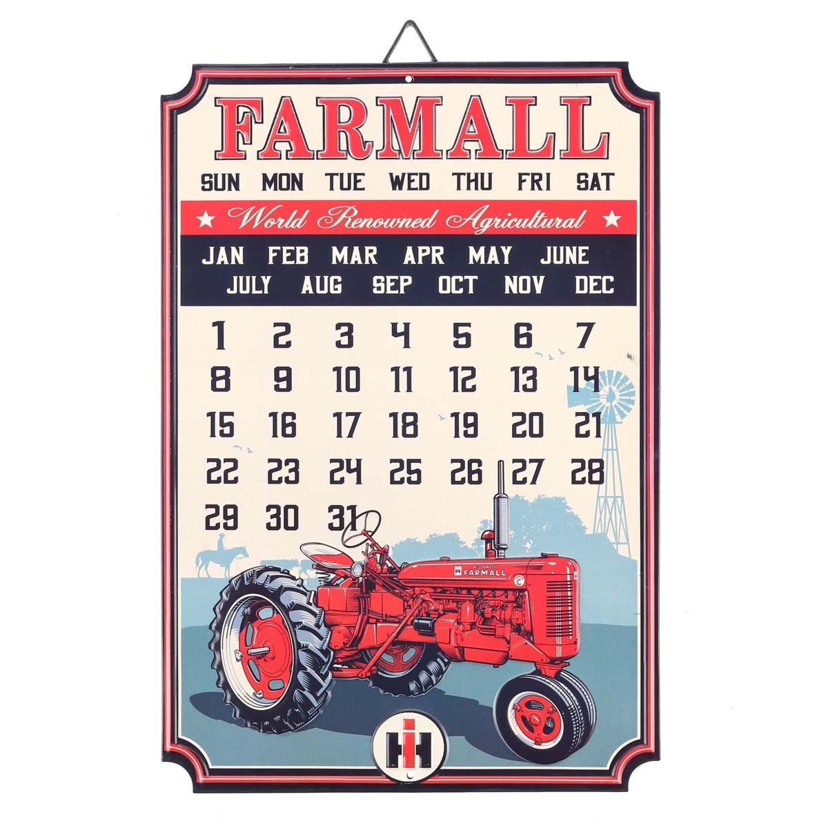 Farmall International Harvester Calendar - Vintage Embossed Metal Farmall Sign With Magnets for Garage or Man Cave Red