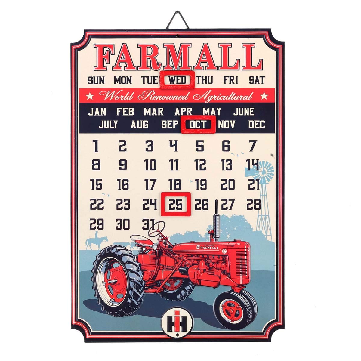 Farmall International Harvester Calendar - Vintage Embossed Metal Farmall Sign With Magnets for Garage or Man Cave Red