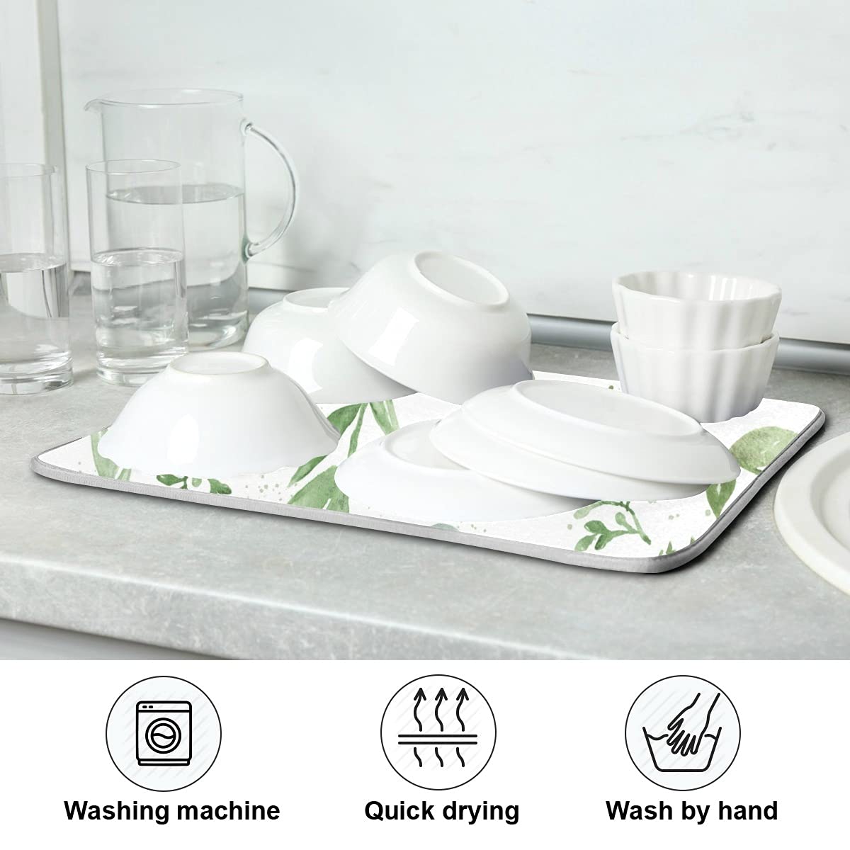 Giwawa Leaves Dish Drying Mat 16x18 inch Reversible Green Leaf Dish Draining Mats with Hanging Loop Absorbent Watercolor Plants Dish Drainer Mat Microfiber Leaves Drying Pad for Kitchen Counter Sink