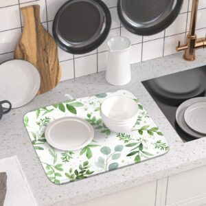 Giwawa Leaves Dish Drying Mat 16x18 inch Reversible Green Leaf Dish Draining Mats with Hanging Loop Absorbent Watercolor Plants Dish Drainer Mat Microfiber Leaves Drying Pad for Kitchen Counter Sink