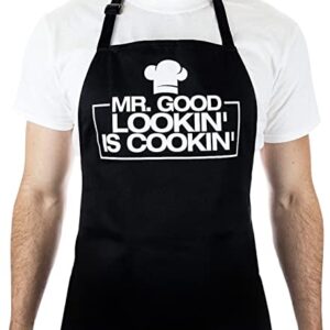 Premium Quality Cooking Apron – Funny Apron - Chef Apron – BBQ Apron – Mr goodlooking is cooking, Black, colorsize