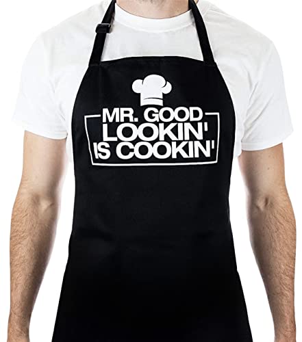 Premium Quality Cooking Apron – Funny Apron - Chef Apron – BBQ Apron – Mr goodlooking is cooking, Black, colorsize