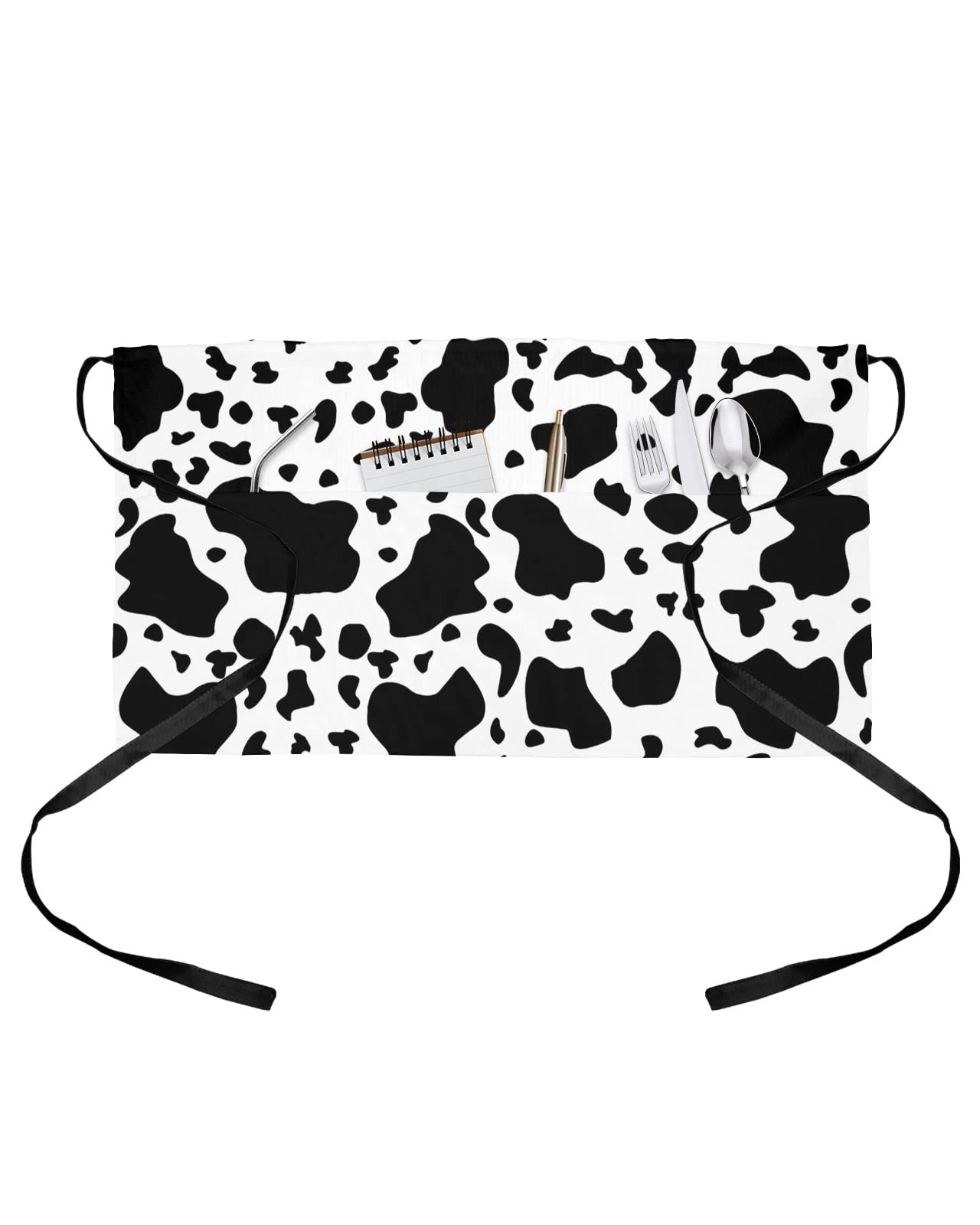 SODIKA Waist Apron with Pockets Half Apron Waitress Waiter Chef Works Unisex Short Aprons Cow Print Animal Themed Black and White 24 Inch x 13 Inch