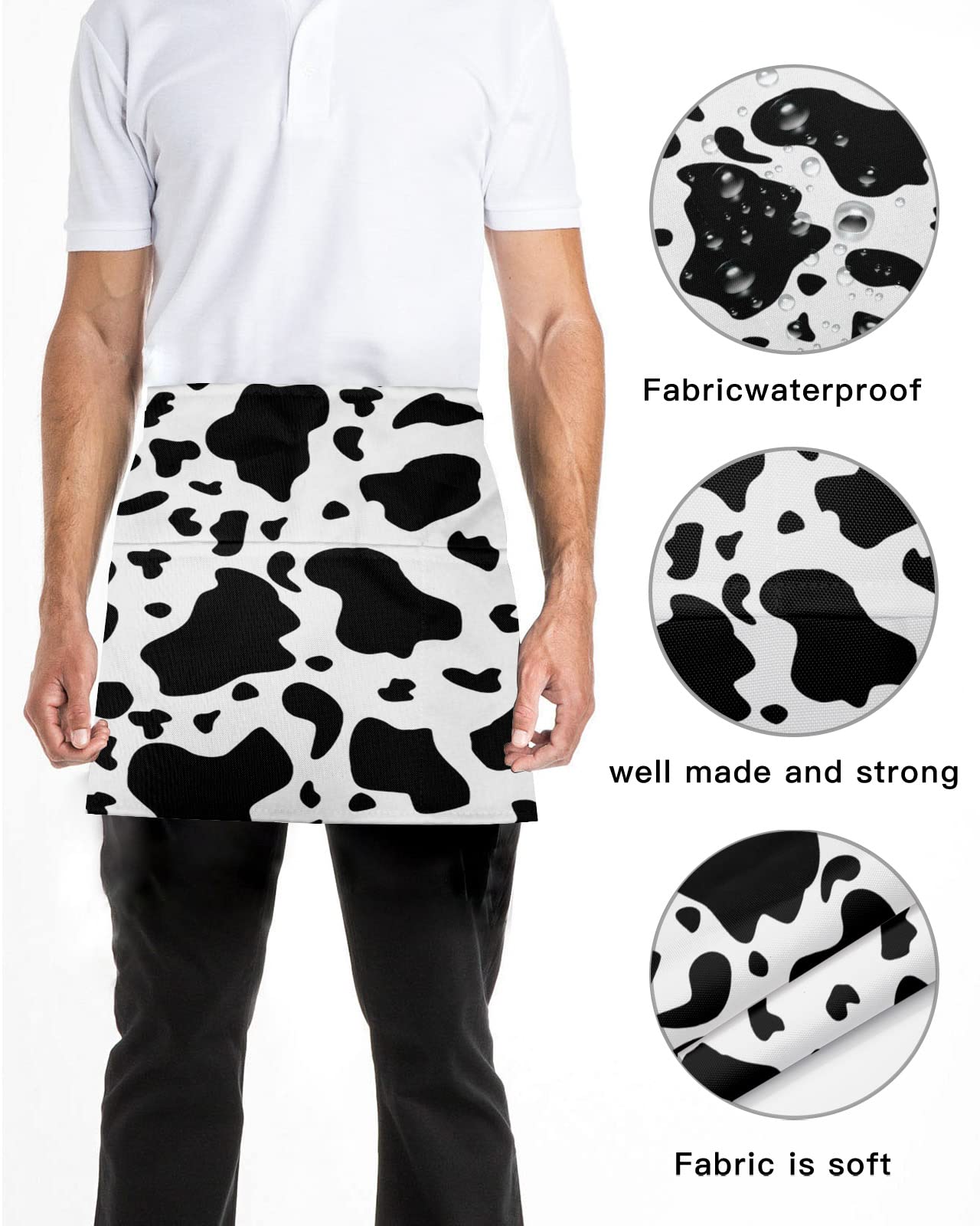 SODIKA Waist Apron with Pockets Half Apron Waitress Waiter Chef Works Unisex Short Aprons Cow Print Animal Themed Black and White 24 Inch x 13 Inch