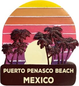 puerto penasco beach mexico souvenir hand painted resin refrigerator magnet sunset and palm trees design single