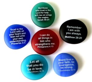 scripture magnets, your favorite inspirational bible verses printed on frosted sea glass stones, attached to super-strong magnets. by lifeforce glass