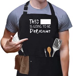 skull chef funny aprons for men, women with pockets - birthday mother’s day father’s day kitchen cooking gifts for dad, mom, wife, husband, friend, baker, chef - cute black bbq grilling apron