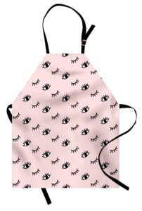 ambesonne eyelash apron, doodle style open and closed eyes hand drawn sketch abstract design, unisex kitchen bib with adjustable neck for cooking gardening, adult size, white black