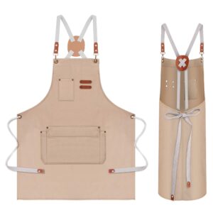 aprons for men women with pockets, adjustable cross back cooking kitchen apron - beige -