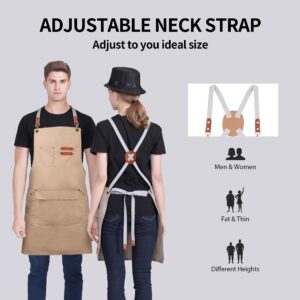 Aprons for Men Women With Pockets, Adjustable Cross Back Cooking Kitchen Apron - beige -