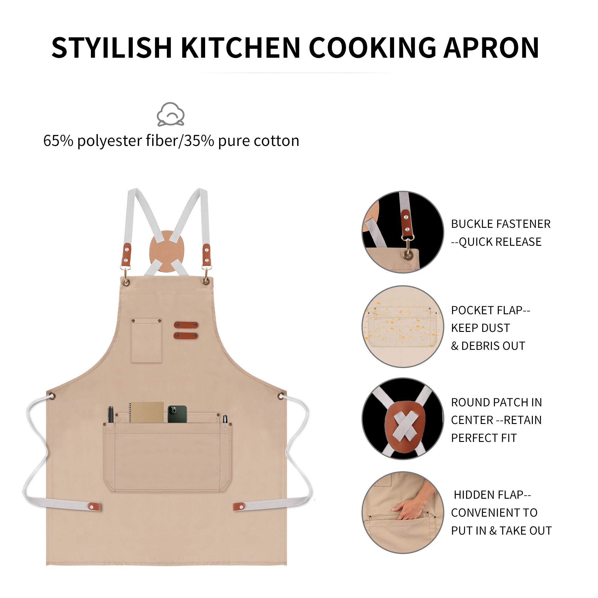 Aprons for Men Women With Pockets, Adjustable Cross Back Cooking Kitchen Apron - beige -