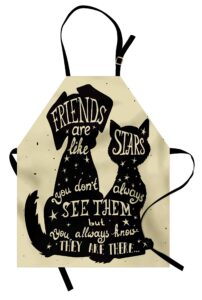 ambesonne inspirational apron, cat and dog silhouettes with friendship themed phrase and stars grungy display, unisex kitchen bib with adjustable neck for cooking gardening, adult size, black tan