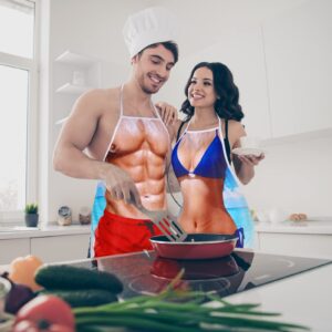Hillban 2 Pack Funny Creative Cooking Couples Apron with Adjustable Waist Ties Muscle Man Bikini Girl Aprons for Party (Bikini Theme)