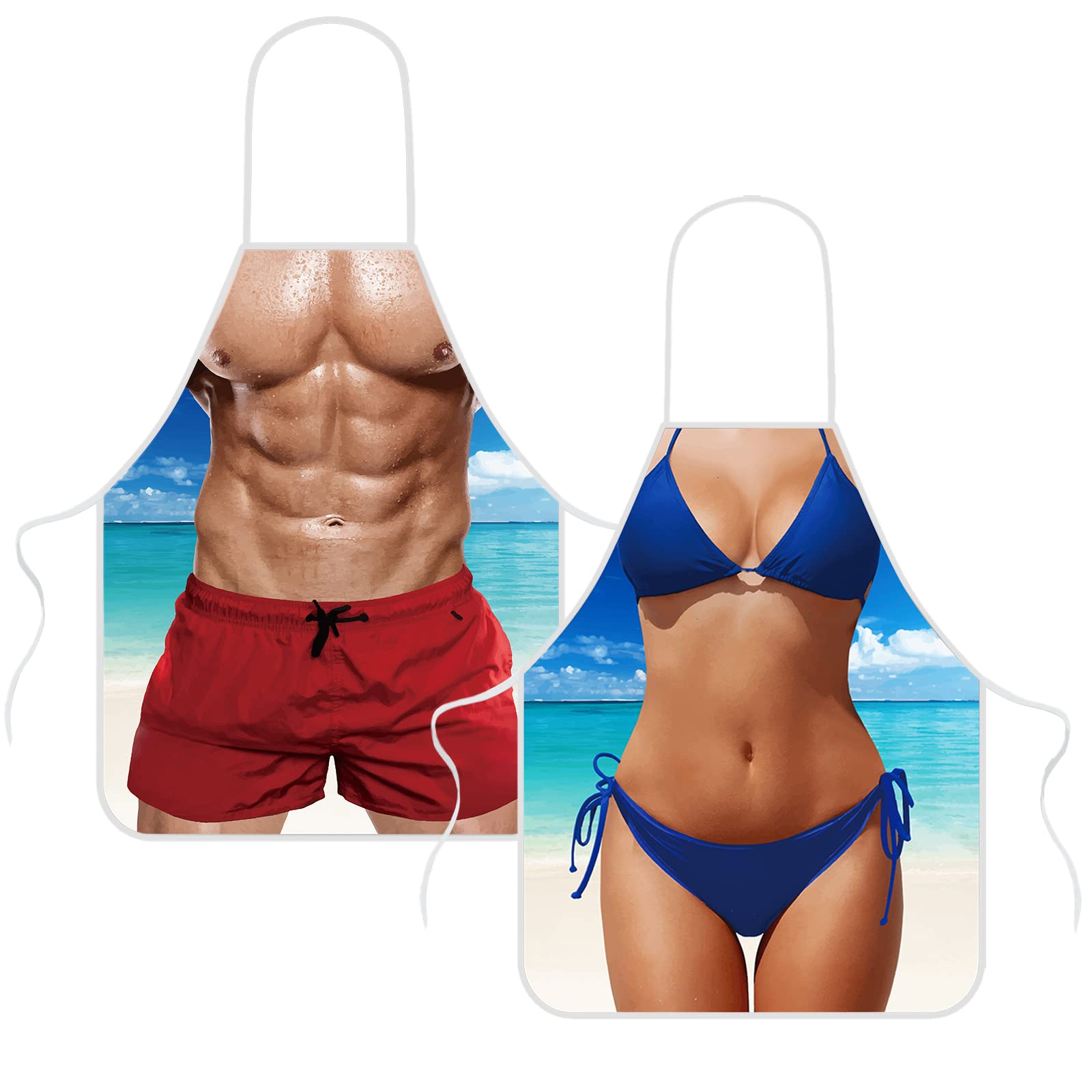 Hillban 2 Pack Funny Creative Cooking Couples Apron with Adjustable Waist Ties Muscle Man Bikini Girl Aprons for Party (Bikini Theme)