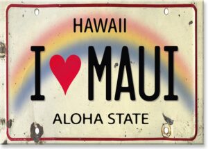 hawaiian art collectible refrigerator magnet - i love maui license plate