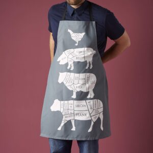 Huxters Chef Apron for Men – Bib Kitchen Apron Screen-Printed with British Meat Cuts – 100% Cotton Twill Protects the Grill Master from Grease Splatter and Stains