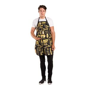 betty dain vintage barber apron, lightweight, water-resistant crinkle nylon fabric, 2 chest pockets, 2 bottom pockets with zippers, adjustable neck closure, gold/black