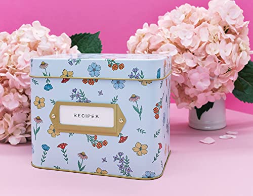 poiet Tin Recipe Box with Cards and Dividers, Includes 50 4x6 Recipe Cards, 16 Dividers (Wildflower)