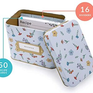 poiet Tin Recipe Box with Cards and Dividers, Includes 50 4x6 Recipe Cards, 16 Dividers (Wildflower)