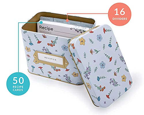 poiet Tin Recipe Box with Cards and Dividers, Includes 50 4x6 Recipe Cards, 16 Dividers (Wildflower)