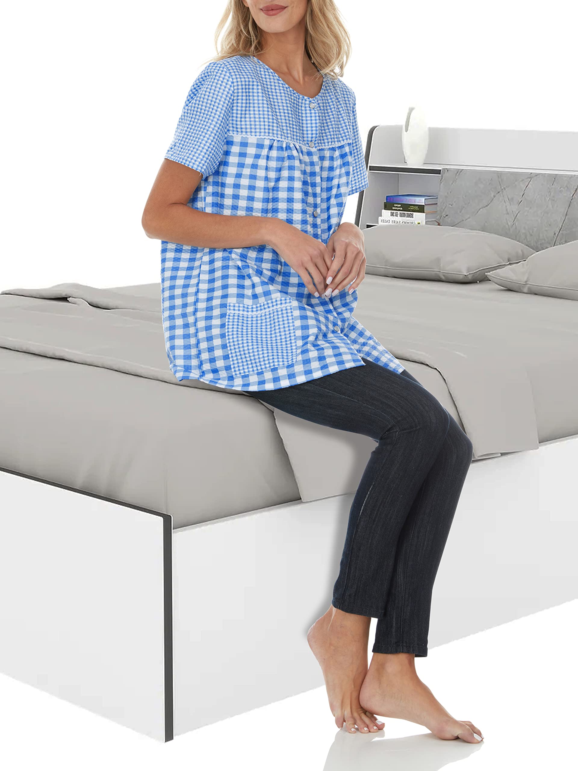 Ezi Women's Snap Front Short Sleeve Gingham Shift Seersucker Housecoat Apron Shirt Blue