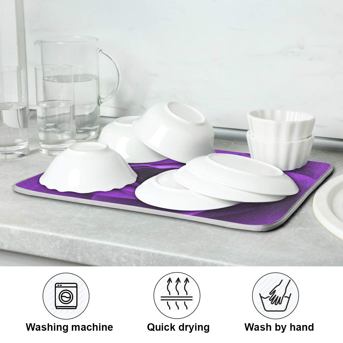 Blueangle Purple Rose Drying Mat Absorbent Reversible Microfiber Dish Drying Mat for Kitchen, Extra Large, 18 Inch x 24 Inch