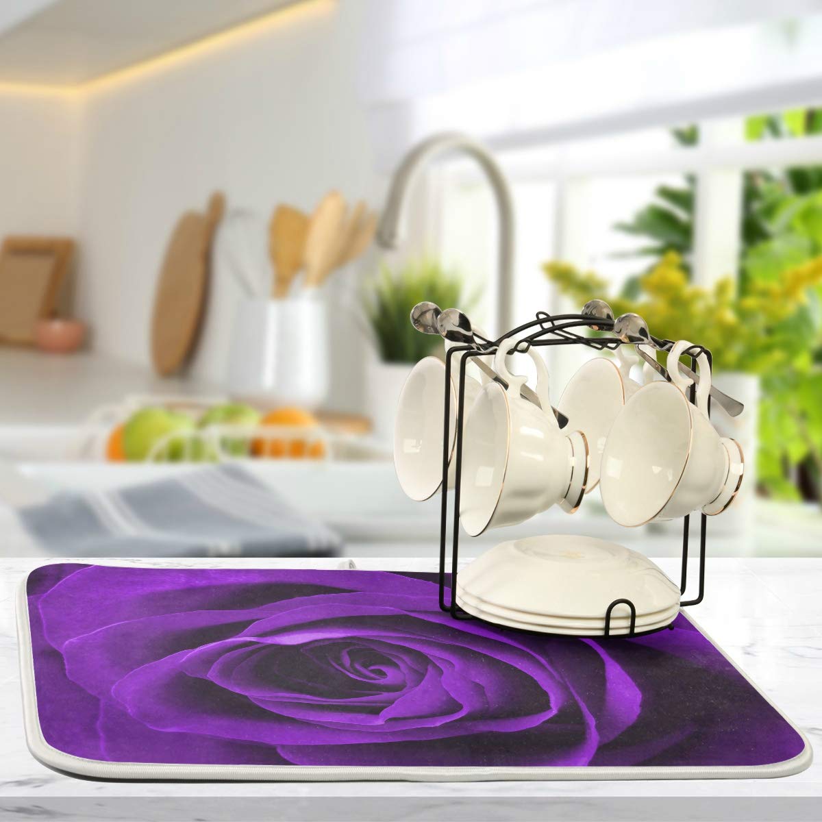 Blueangle Purple Rose Drying Mat Absorbent Reversible Microfiber Dish Drying Mat for Kitchen, Extra Large, 18 Inch x 24 Inch