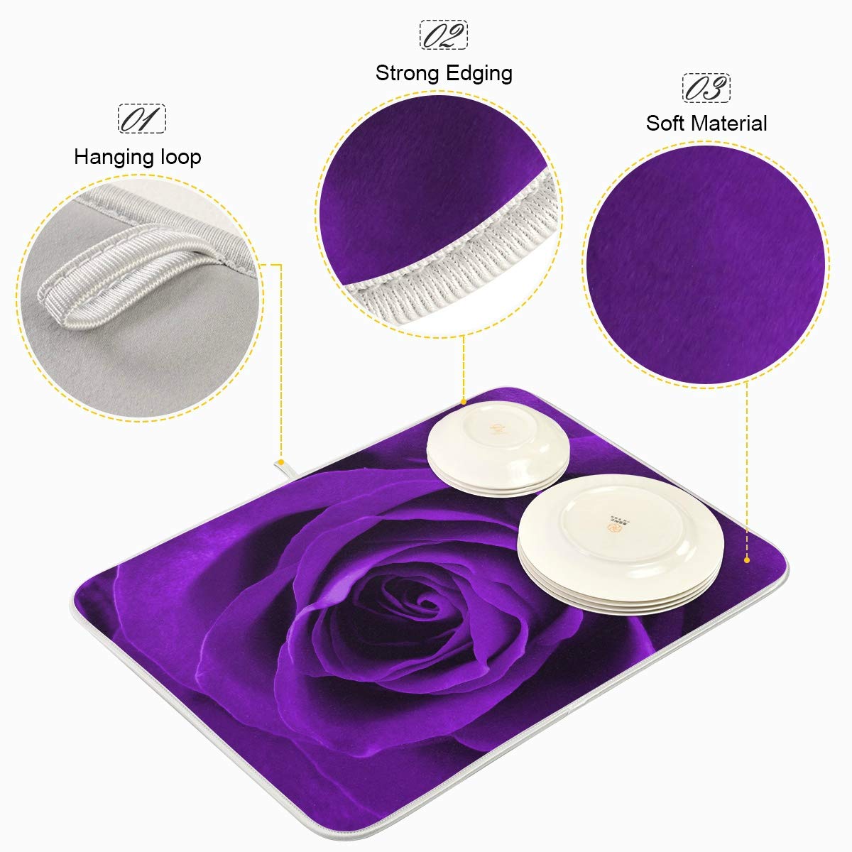 Blueangle Purple Rose Drying Mat Absorbent Reversible Microfiber Dish Drying Mat for Kitchen, Extra Large, 18 Inch x 24 Inch