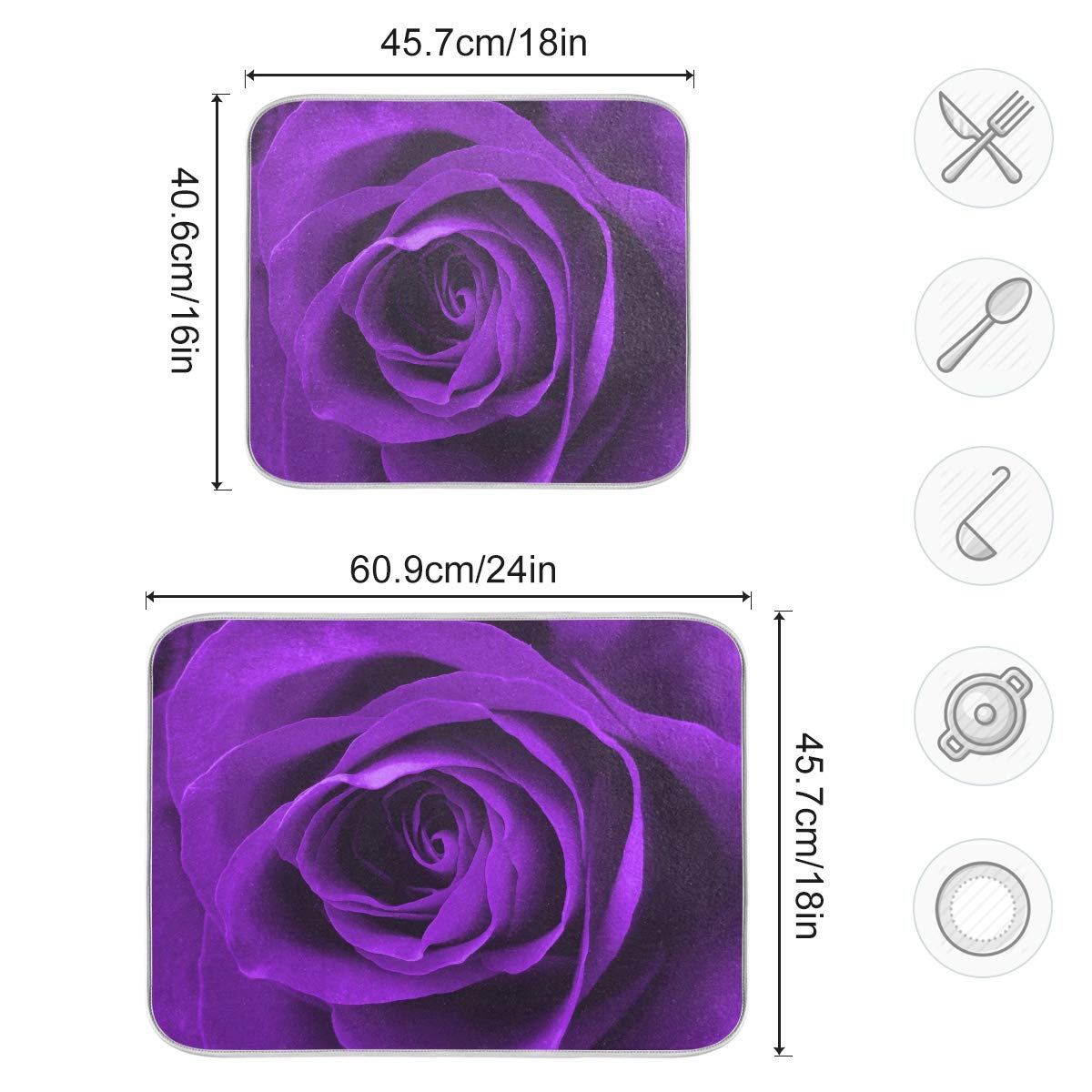 Blueangle Purple Rose Drying Mat Absorbent Reversible Microfiber Dish Drying Mat for Kitchen, Extra Large, 18 Inch x 24 Inch