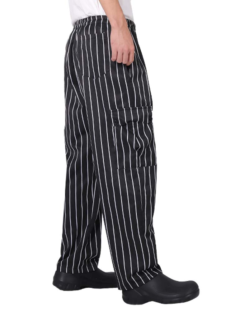 Men's and Women's Baggy Chef Pants Black and White Stripes Cargo Style Cook Pant Black S