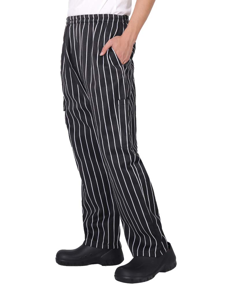 Men's and Women's Baggy Chef Pants Black and White Stripes Cargo Style Cook Pant Black S