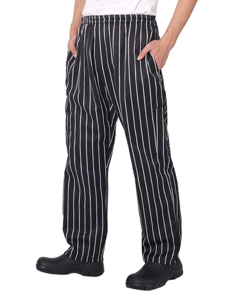 Men's and Women's Baggy Chef Pants Black and White Stripes Cargo Style Cook Pant Black S