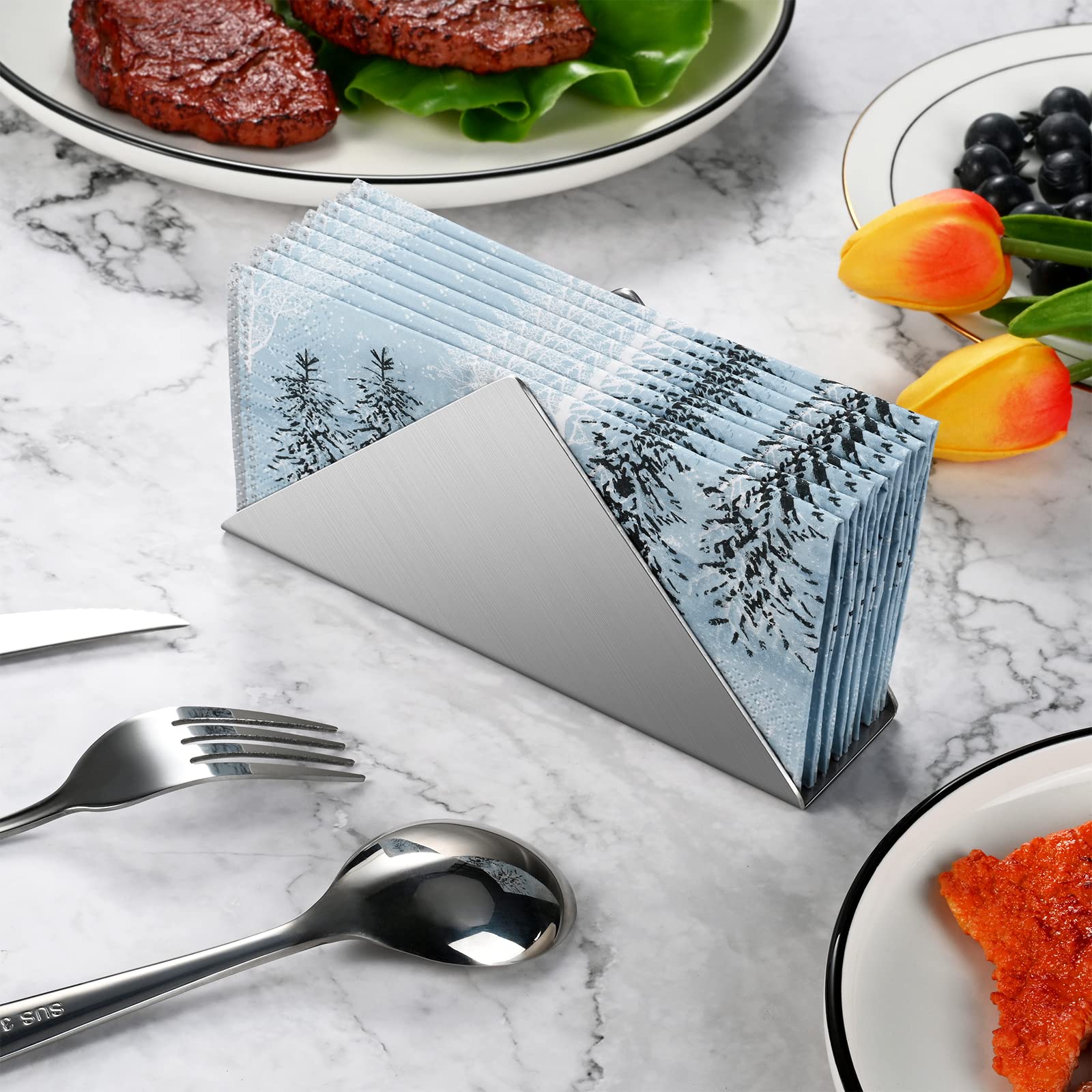 Stainless Steel Napkin Holder,Minimalistic Metal Napkin Dispenser,Cocktail Napkin Organizer,Triangle Shape, Silver,1 Piece