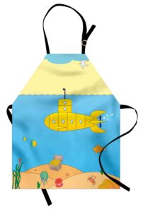 ambesonne yellow submarine apron, cartoon under sea adventure jellyfish treasure chest seagull fish, unisex kitchen bib with adjustable neck for cooking gardening, adult size, yellow and blue