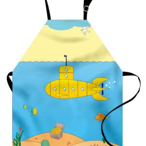 Ambesonne Yellow Submarine Apron, Cartoon Under Sea Adventure Jellyfish Treasure Chest Seagull Fish, Unisex Kitchen Bib with Adjustable Neck for Cooking Gardening, Adult Size, Yellow and Blue