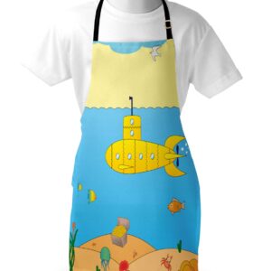 Ambesonne Yellow Submarine Apron, Cartoon Under Sea Adventure Jellyfish Treasure Chest Seagull Fish, Unisex Kitchen Bib with Adjustable Neck for Cooking Gardening, Adult Size, Yellow and Blue