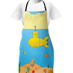 Ambesonne Yellow Submarine Apron, Cartoon Under Sea Adventure Jellyfish Treasure Chest Seagull Fish, Unisex Kitchen Bib with Adjustable Neck for Cooking Gardening, Adult Size, Yellow and Blue