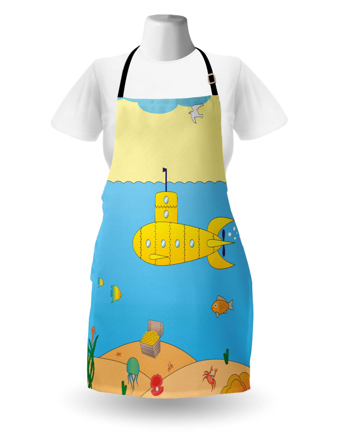 Ambesonne Yellow Submarine Apron, Cartoon Under Sea Adventure Jellyfish Treasure Chest Seagull Fish, Unisex Kitchen Bib with Adjustable Neck for Cooking Gardening, Adult Size, Yellow and Blue