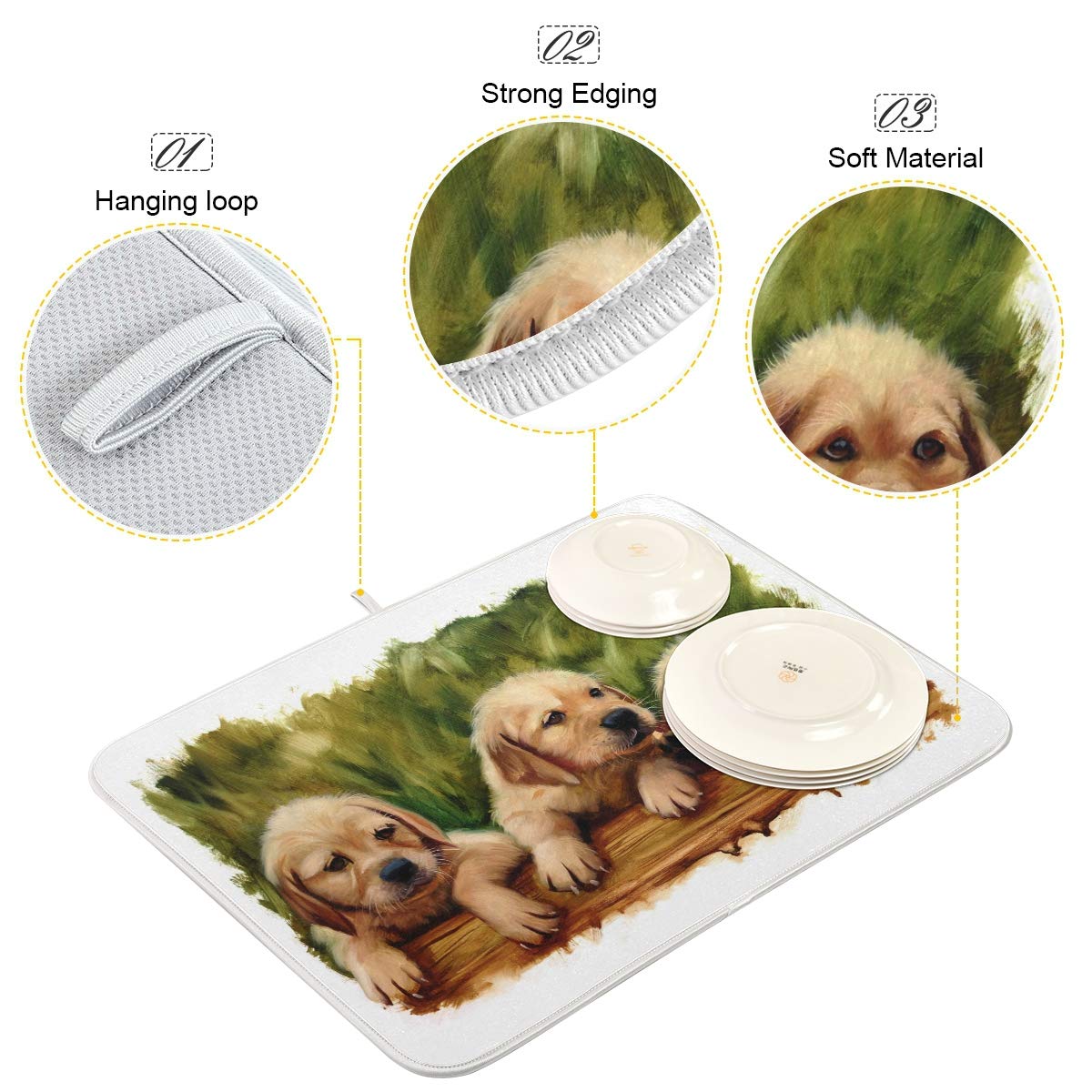 Kitchen Dish Drying Mat Watercolor Golden Retriever Dog Duggy Absorbent Washable Dish Drying Pad Drainer Rack Mat Heat Resistant Counter Protector for Glass Plate Cup Pan 16x18in