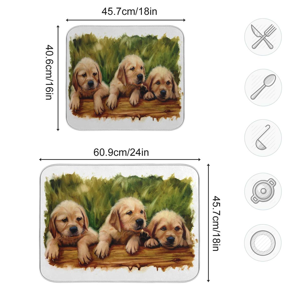 Kitchen Dish Drying Mat Watercolor Golden Retriever Dog Duggy Absorbent Washable Dish Drying Pad Drainer Rack Mat Heat Resistant Counter Protector for Glass Plate Cup Pan 16x18in