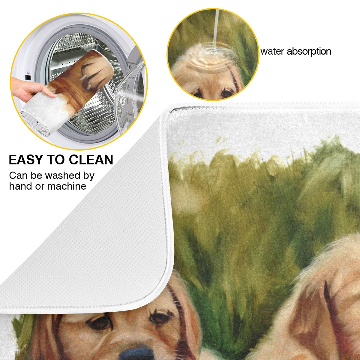 Kitchen Dish Drying Mat Watercolor Golden Retriever Dog Duggy Absorbent Washable Dish Drying Pad Drainer Rack Mat Heat Resistant Counter Protector for Glass Plate Cup Pan 16x18in