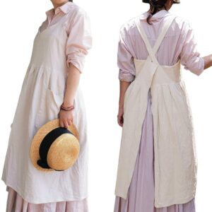 newgem cotton linen criss cross back apron with pockets for women japanese korean cute style smock pinafore for kitchen cooking baking gardening painting beige