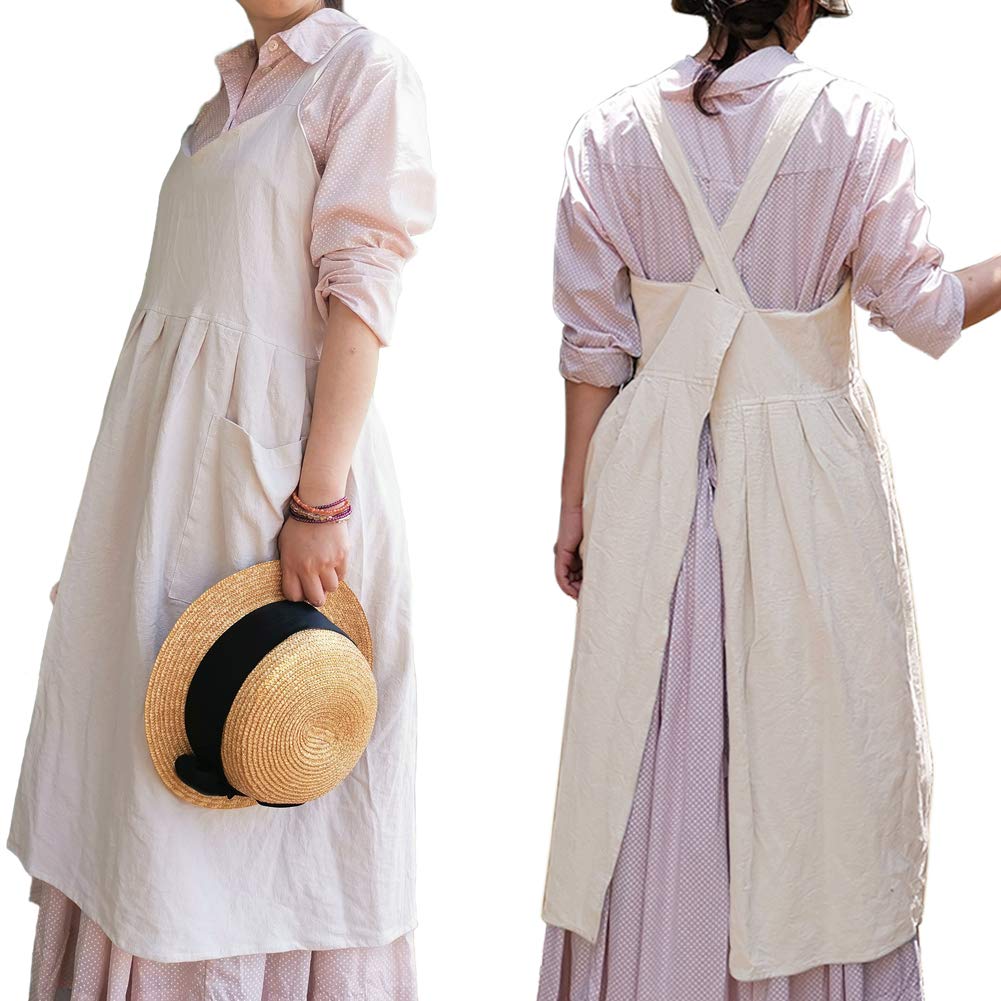 NEWGEM Cotton Linen Criss Cross Back Apron with Pockets for Women Japanese Korean Cute Style Smock Pinafore for Kitchen Cooking Baking Gardening Painting Beige