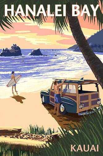 Magnet 3x4 inch Vintage Art Hanalei Bay North Shore Sticker - Hawaii hi Kauai Travel Magnetic Magnet Vinyl Sticker