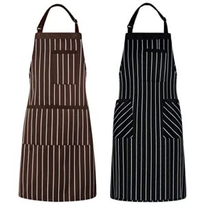duskcove 2 pack kitchen cooking aprons with 3 pockets for women and men, soft and breathable cotton polyester fabric, striped apron bibs with adjustable neck strap for baking, bbq, cooking, crafting