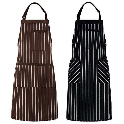 DUSKCOVE 2 Pack Kitchen Cooking Aprons with 3 Pockets for Women and Men, Soft and Breathable Cotton Polyester Fabric, Striped Apron Bibs with Adjustable Neck Strap for Baking, BBQ, Cooking, Crafting